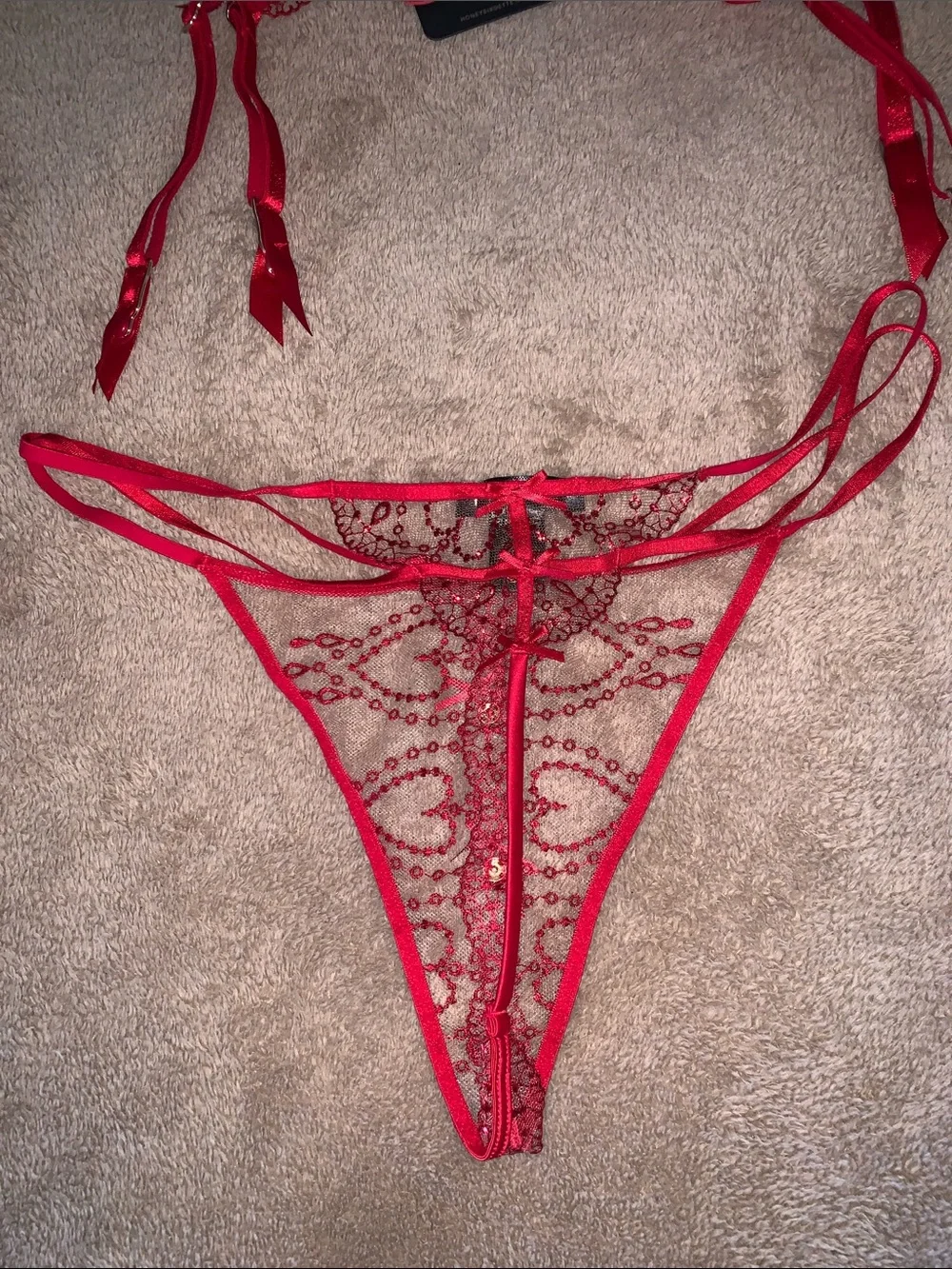 Honey Birdette “Adora” Heart-Embroidered Red Lace Bra, Garter & Thong Set